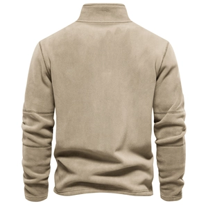 Back view of men's khaki half-zip polar fleece sweatshirt with standing collar detail