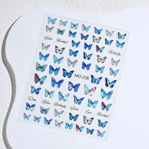 Pegatinas de uñas de mariposa láser azul MO-238 con diseños de texto holográfico brillante