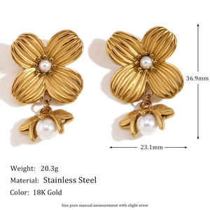Vintage 18K gold plated stainless steel flower and pearl earrings with bee charm