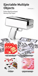 Silver electric money gun toy set with prop bills, red envelopes, and poker cards
