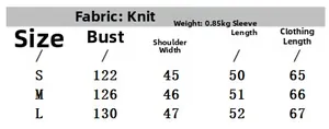 Detailed size chart for oversized cable knit sweater showing bust and sleeve dimensions