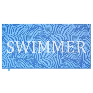 Blue zebra print quick-dry beach towel with white Swimmer text on white background