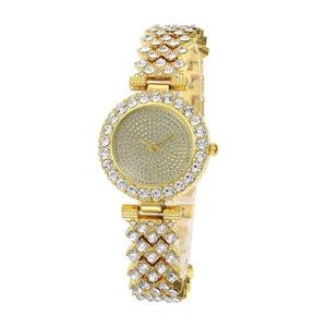 Elegant gold-tone women's watch fully iced out with sparkling rhinestones on dial and band