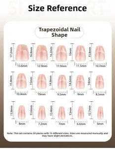 Tableau des tailles montrant 15 dimensions pour faux ongles œil-de-chat de forme trapèze