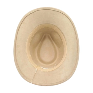 Detail of faux suede fedora hat interior showing adjustable drawstring and sweatband