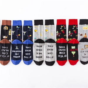 Colorful cotton crew socks set featuring fun beverage graphics and humorous printed text
