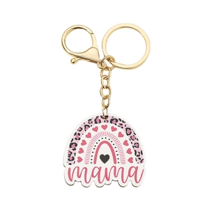Rainbow Mama keychain with pink leopard print and gold hardware on white background