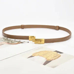Minimalist camel brown leather skinny belt for women with golden square buckle detail