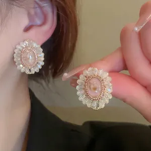 Flower Stud Earrings With Silver Earring Post Alloy Pink Resin Crystal Rhinestone Vintage Sweet Jewelry For Women