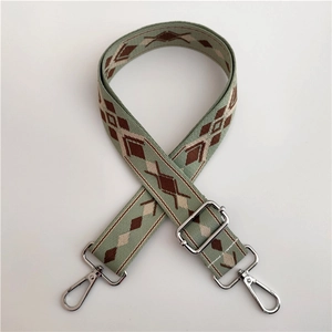 Detail view of ethnic jacquard pattern strap with silver metal rotating swivel hooks