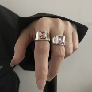 Wide Band Adjustable Open Ring Copper With Rectangle Pink Zircon Ins Style Elegant Jewelry For Women