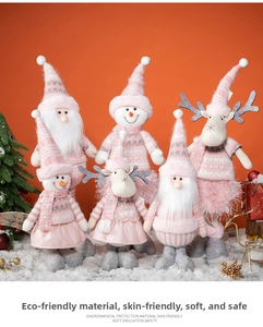 Detailed set of six plush Christmas dolls featuring Santa, snowmen, and reindeer figures