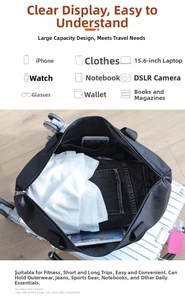 Detail of spacious travel bag interior storing a 15.6 inch laptop and various travel gear