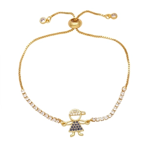 Adjustable gold chain bracelet featuring girl pendant and blue zircon stones