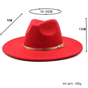 Detail of red wool fedora with 9cm wide brim and gold buckle strap decoration