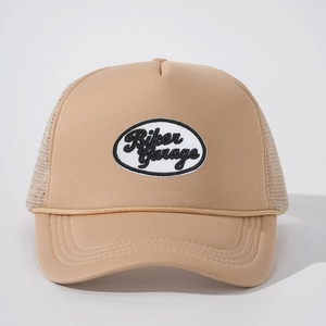 Adjustable khaki trucker hat featuring Biker Garage embroidery and breathable mesh back