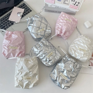 Portable glossy heart and bow embossed drawstring storage bags in pink, silver and white