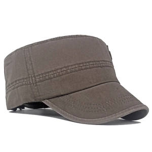 Detail of washed cotton military cap with vintage stitching and metal side eyelets