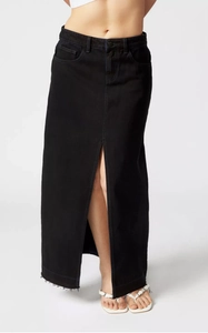 Detailed view of high waist black denim maxi skirt featuring a front slit and raw hem