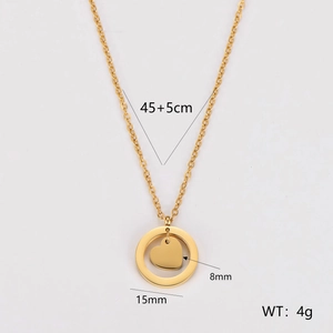 Gold stainless steel necklace with circle and heart pendant showing 45+5cm chain size