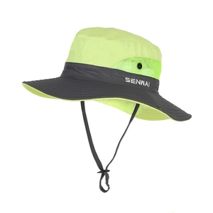 Detail of outdoor sun hat featuring breathable mesh side panels and adjustable drawstring