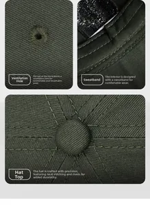 Detail of dark olive camouflage baseball cap showing air vents and sweatband stitching