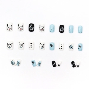 Cute baby blue press-on nails set featuring cartoon dog and floral patterns in short round shape
