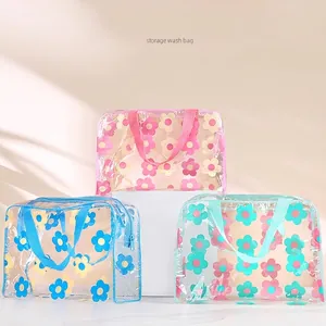 Floral Print Waterproof PVC Toiletry Bag Transparent Makeup Organizer Large Capacity Travel Wash Case With Handle