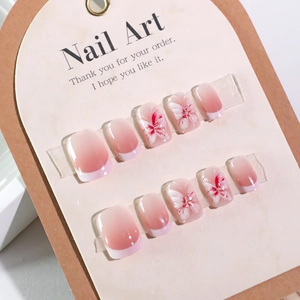 Short square press-on nails with pink gradient and delicate 3D hand-painted white floral art