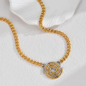 18K gold plated stainless steel necklace with a dual-tone spiral hammered pendant