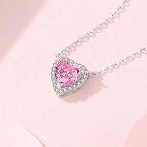 925 sterling silver heart necklace with pink zircon pendant and small diamonds