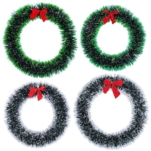 Set of 4 Christmas wreaths with green tinsel and red bows for festive home door decoration