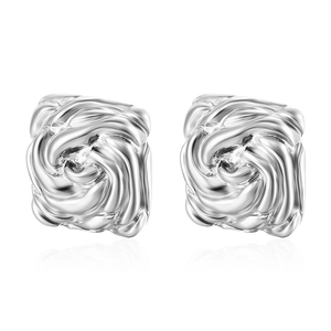 Square silver stud earrings featuring unique twisted swirl texture and polished metallic finish