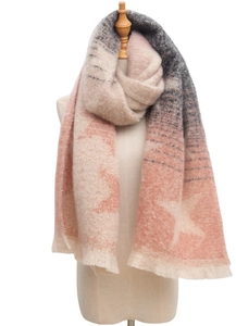 Detail of soft loop yarn scarf showing pink and grey gradient with star jacquard patterns