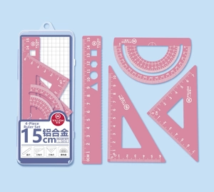 Detailed view of pink 15cm aluminum alloy ruler set with protractor and triangles