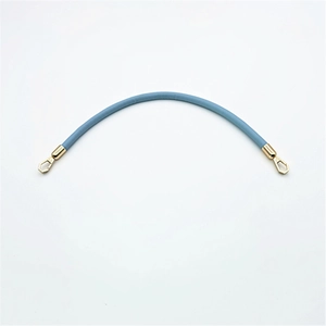 Blue PU leather shoulder strap for handbags with gold metal hooks on white background