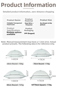 Size chart showing dimensions for foldable mesh food covers in round and rectangular shapes
