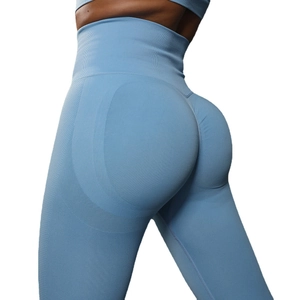 High waist seamless yoga pants in light blue with butt lifting design for fitness