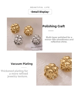 Detail of 3D four-leaf clover earrings with 18K gold and silver plating finish