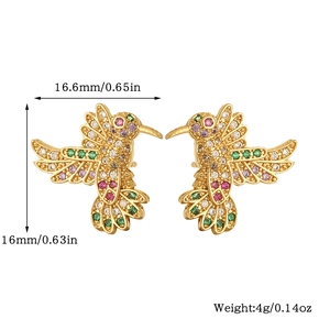 Detail showing dimensions of colorful zircon hummingbird stud earrings with gold plating