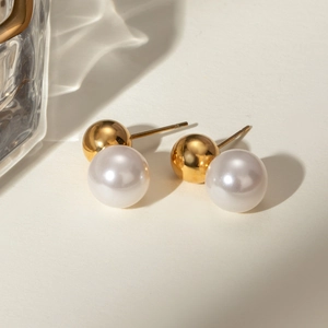 Elegant 18k gold plated stainless steel pearl and metal bead stud earrings for women