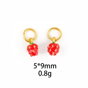 Detail view of 5x9mm red strawberry enamel fruit pendants with gold leaf accents