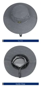 Detail of mesh lining and top view of gray outdoor sun hat with wide brim and air vents