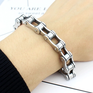 Polished silver stainless steel bicycle chain bracelet for men and women on wrist