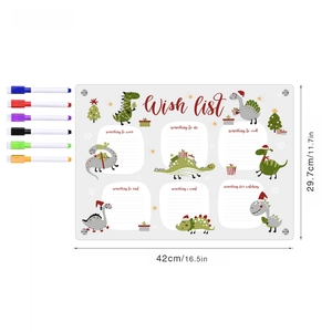 Detailed view of A3 dinosaur acrylic wish list board with six colorful markers and sizes