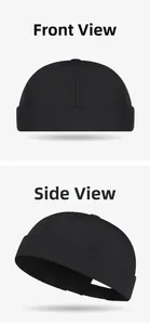 Quick-dry docker hat in black with adjustable strap shown from front and 45-degree angles