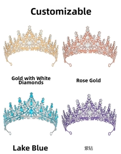 Detail showcasing four color variants of luxury bridal crowns with sparkling rhinestones