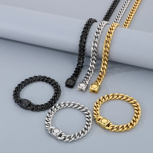 Bracelets à maillons cubains en acier poli noir, argent et or avec fermoir magnétique solide