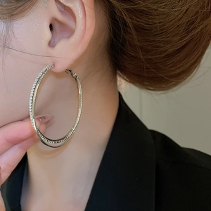 Close-up of a silver intertwined double-layer hoop earring with diamonds on a model
