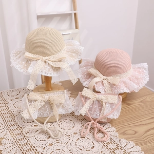 Sweet girls' lace bow straw hat and matching bag set for outdoor sun protection